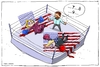 Cartoon: angezählt (small) by leopold maurer tagged trump,clinton,präsidentschaftswahl,usa,wahlkampf,affäre,email,bob,hillary,boxkampf,ungewiss,ko,ausgang,wähler,angeschlagen,star,spangled,banner,sternchen,blut,am,boden