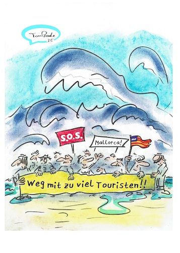 Cartoon: Monsterwellen  Mallorca (medium) by TomPauLeser tagged monsterwelle,welle,monster,mallorca,demonstration,touristen,spanien,insel,schlapplachsachen,tompaule,meer,brandung,quallen